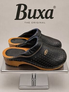 Buxa Original Black Leather Perforated Wood Wedge Clogs EU 39 US 8